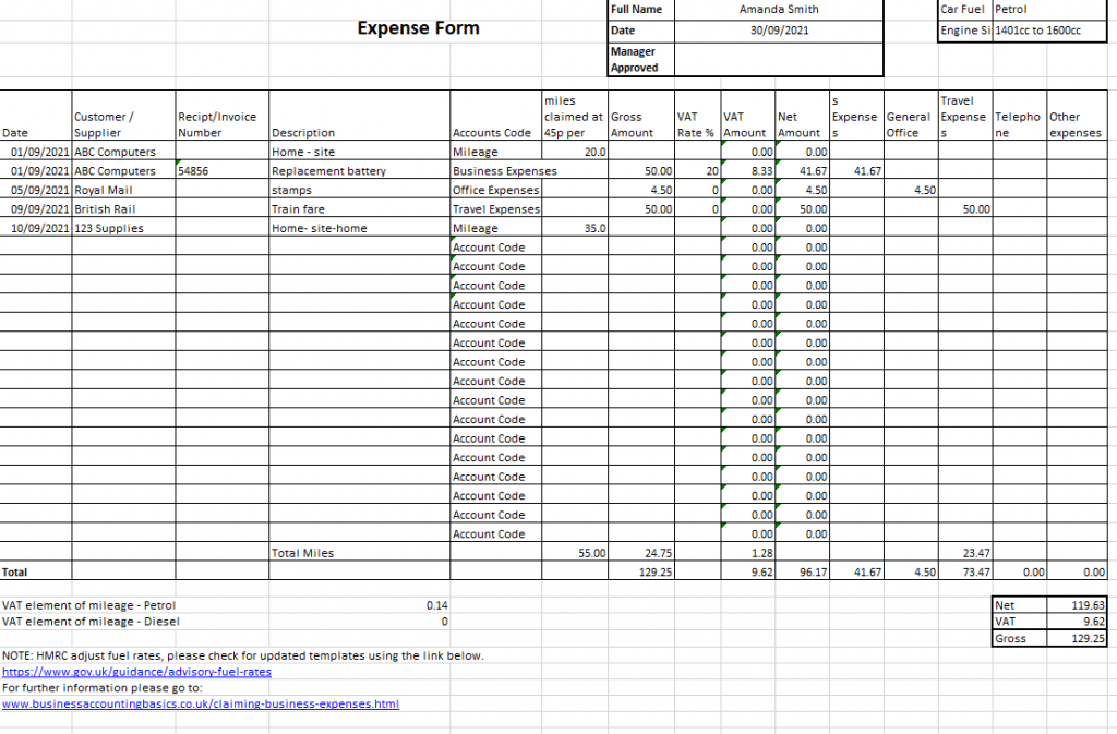 Expense Management Software Expenses Spreadsheet UK Example