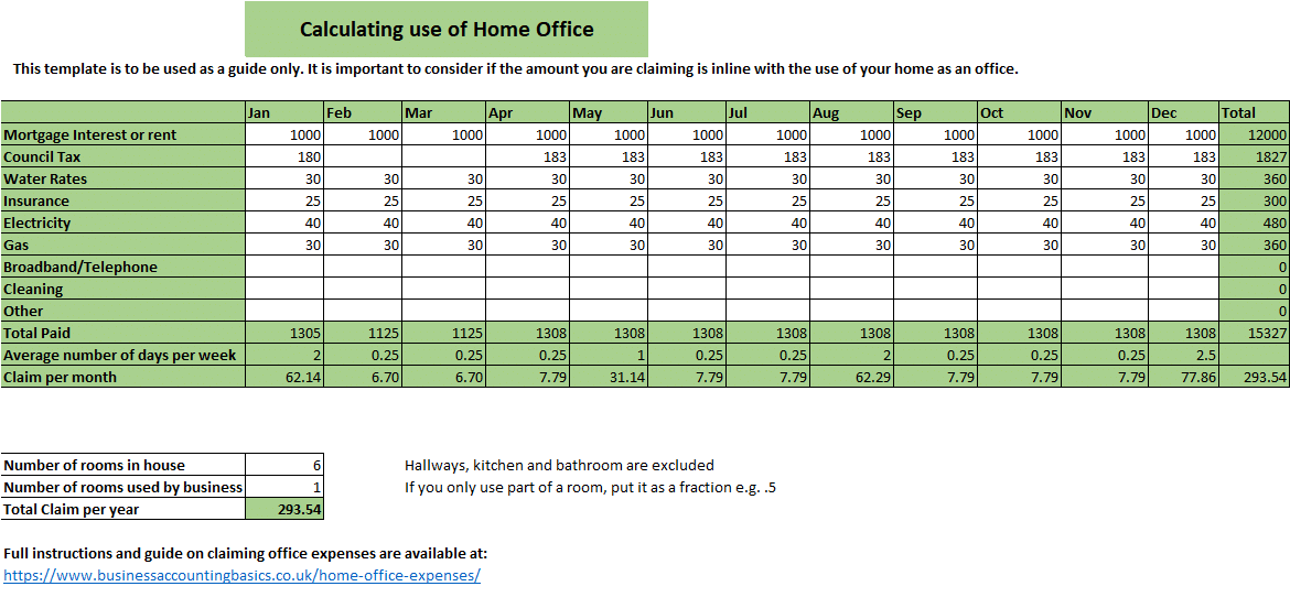 Bookkeeping Templates for Self-Employed Calculating home office expenses Excel Template