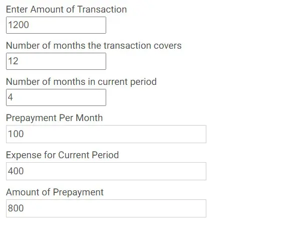 Free Online Accounting Calculators Prepayments Calculator Example