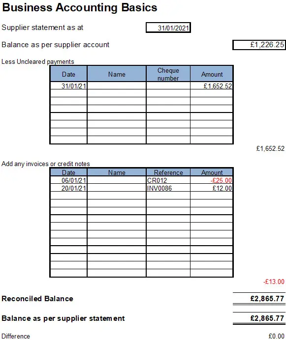 Purchase Invoice for Small Businesses Supplier Statement Reconcilation Template Excel