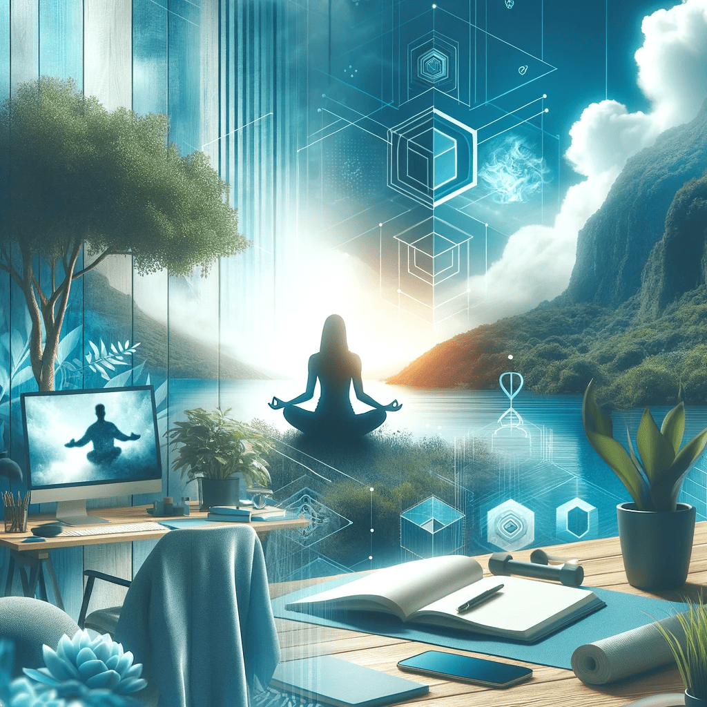 A serene and inspiring image depicting work-life balance for entrepreneurs, featuring elements like a peaceful home office, a person meditating or exe