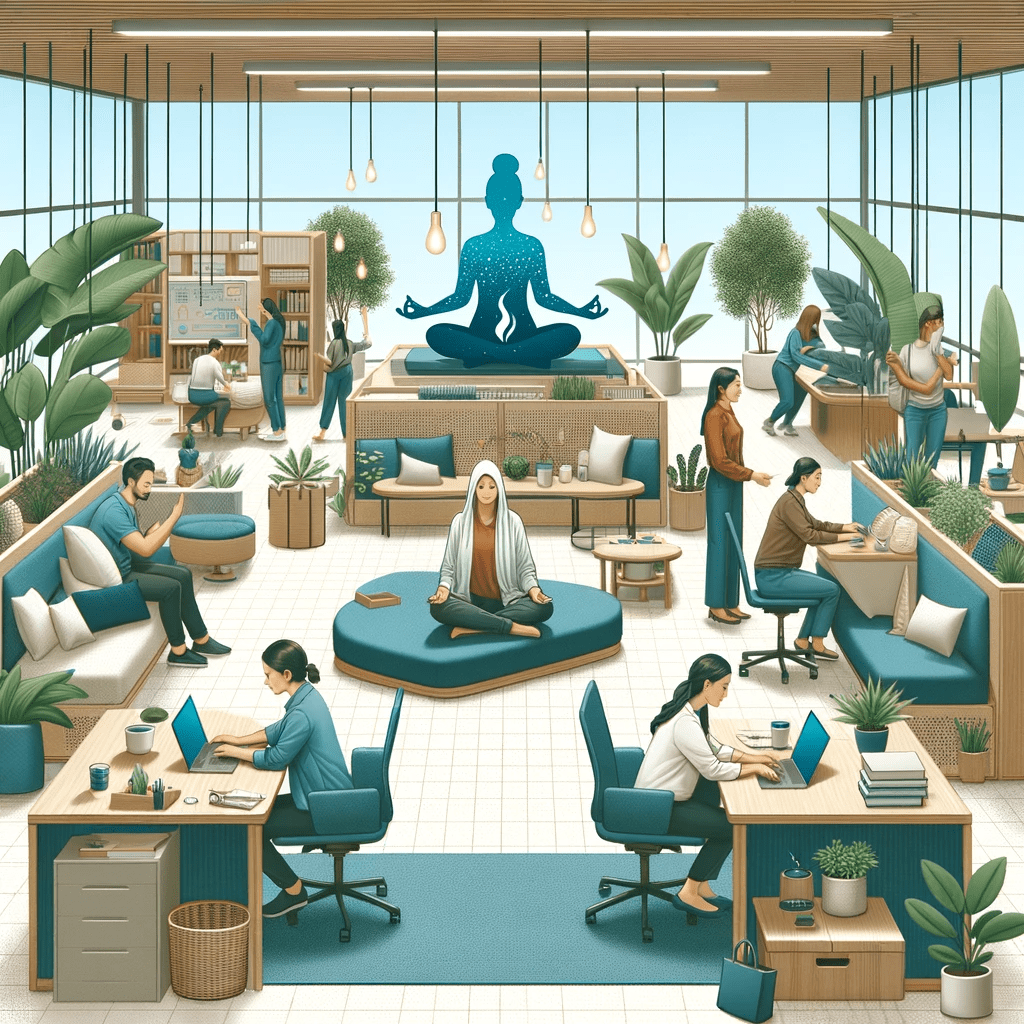 An image depicting a tranquil and supportive office environment focused on burnout prevention. The picture shows employees engaging in relaxation acti